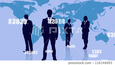 Image of numbers and businesspeople silhouettes over world map on blue background 116148893