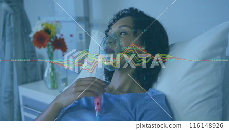 Image of data processing over african american women using oxygen mask Image of data processing over african american women using oxygen mask 116148926