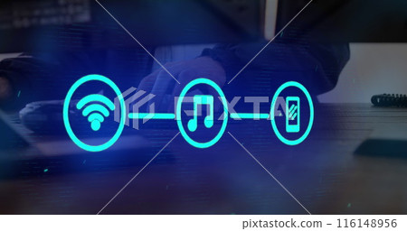 Image of network of connections with icons over caucasian businessman using computer 116148956