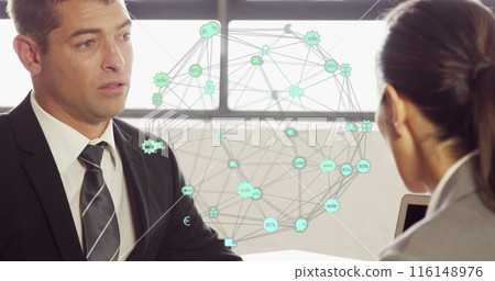 Image of globe of connections over diverse business people 116148976