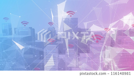 Image of shapes and wi fi icon over cityscape Image of shapes and wi fi icon over cityscape 116148981