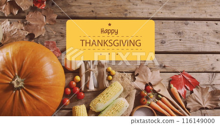 Image of happy thanksgiving day text over vegetables 116149000