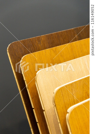 Samples of laminate or parquet with a pattern and wood texture for flooring Samples of laminate or parquet with a pattern and wood texture for flooring 116149052