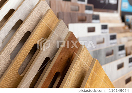 Samples of laminate or parquet with a pattern and wood texture for flooring Samples of laminate or parquet with a pattern and wood texture for flooring 116149054