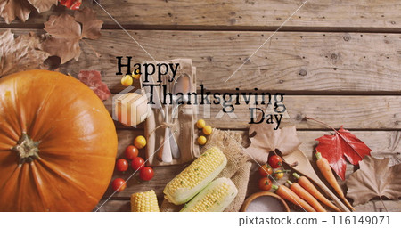 Image of happy thanksgiving day text over vegetables Image of happy thanksgiving day text over vegetables 116149071