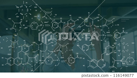 Image of chemical formulas over caucasian women using vr headset 116149077