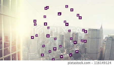 Image of network of connections with icons over cityscape 116149124