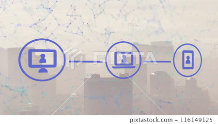 Image of digital computer icons in flow chart and dots connected with lines against buildings Image of digital computer icons in flow chart and dots connected with lines against buildings 116149125