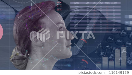 Image of data processing over calculator and caucasian woman 116149129