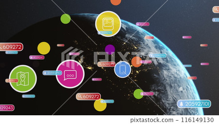 Image of colourful social media notifications processing data over globe in night sky 116149130