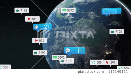 Image of social media icons and numbers over globe Image of social media icons and numbers over globe 116149131