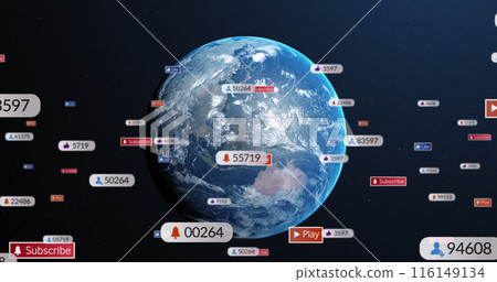 Image of social media icons and numbers over globe Image of social media icons and numbers over globe 116149134