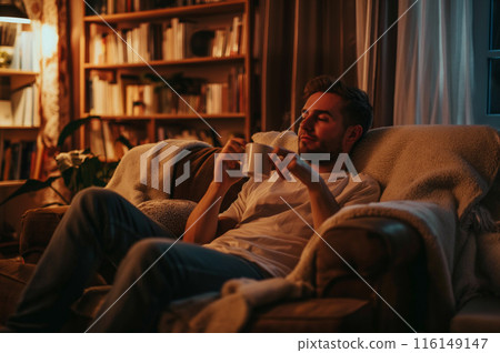 Man taking a coffee break in the living room 116149147