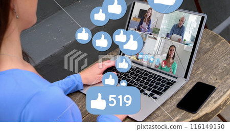 Image of social media icons over caucasian woman on laptop image call Image of social media icons over caucasian woman on laptop image call 116149150