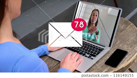 Image of email icon with numbers over caucasian woman on laptop image call Image of email icon with numbers over caucasian woman on laptop image call 116149155