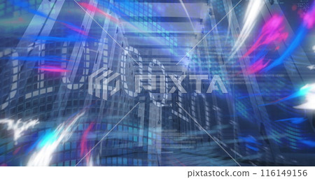 Image of data processing over grid and womans blue shape 116149156
