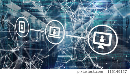 Image of tech icons over connections and servers Image of tech icons over connections and servers 116149157