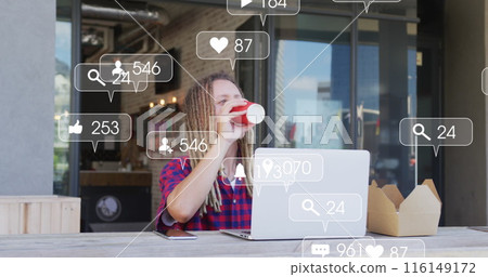 Image of social media icons and numbers over caucasian man using tablet Image of social media icons and numbers over caucasian man using tablet 116149172