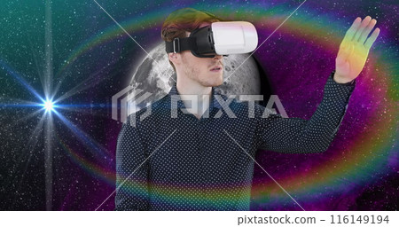 Image of moon and space over caucasian man using vr headset 116149194