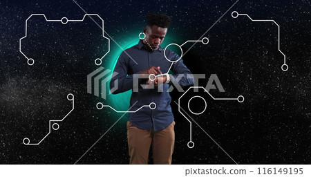 Image of shapes over african american man using smartwatch 116149195