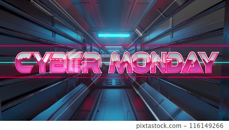 Image of cyber monday text in pink metallic letters over blue neon lights Image of cyber monday text in pink metallic letters over blue neon lights 116149266
