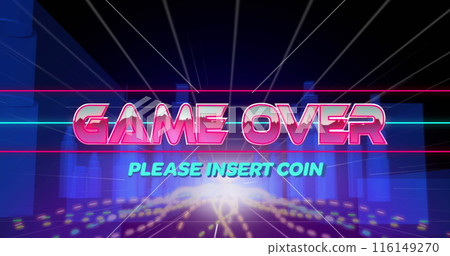 Image of game over text in pink metallic letters over digital city with blue lights 116149270