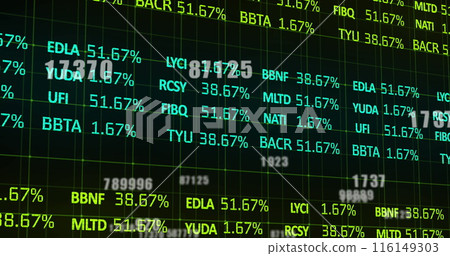 Image of financial data processing and numbers over grid 116149303