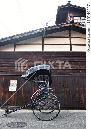 Spring in Japan, Takayama City, Gifu Prefecture, rickshaw parked in front of an old folk house, retro body and Japanese house Spring in Japan, Takayama City, Gifu Prefecture, rickshaw parked in front of an old folk house, retro body and Japanese house 116149307