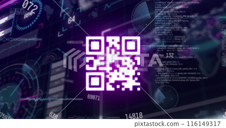 Image of qr code and data processing on black background Image of qr code and data processing on black background 116149317