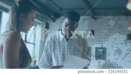 Image of globe over diverse business people in office Image of globe over diverse business people in office 116149331