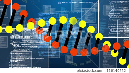 Image of dna strand spinning and data processing on blue background Image of dna strand spinning and data processing on blue background 116149332