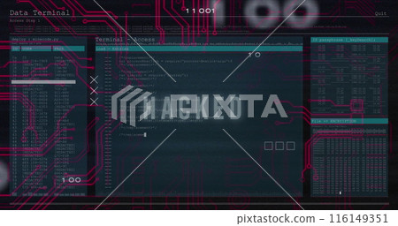 Image of hacked text and data processing over computer motherboard 116149351