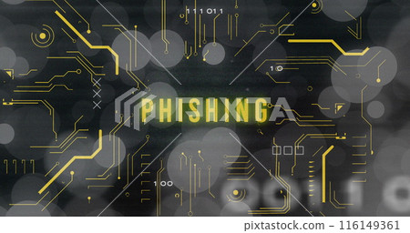 Image of phishing text, x symbol, binary codes, circuit board pattern over bokeh effect Image of phishing text, x symbol, binary codes, circuit board pattern over bokeh effect 116149361