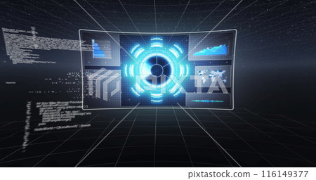 Image of infographic interfaces and programming language against black background Image of infographic interfaces and programming language against black background 116149377