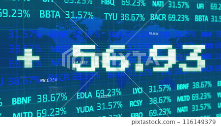 Image of addition symbol with numbers and trading board against map over blue background Image of addition symbol with numbers and trading board against map over blue background 116149379