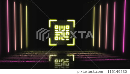 Image of qr code in viewfinder and multicolored lines against black background Image of qr code in viewfinder and multicolored lines against black background 116149380