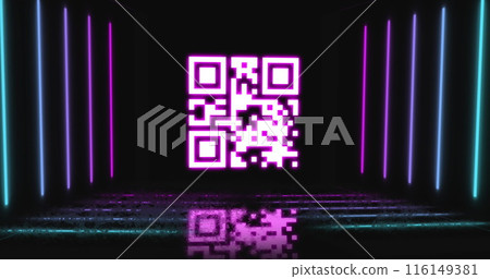Image of neon qr code scanner flickering against black background 116149381