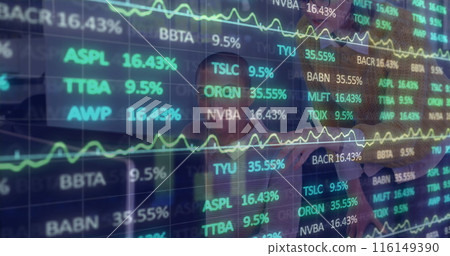 Image of financial data processing over business people using computer 116149390