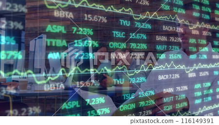 Image of financial data processing over business people using computer Image of financial data processing over business people using computer 116149391
