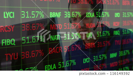 Image of financial data processing over cardboard boxes on conveyor belt in background Image of financial data processing over cardboard boxes on conveyor belt in background 116149392