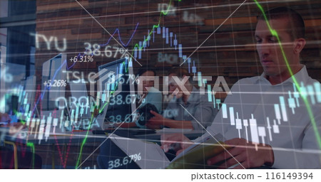 Image of financial data processing over business people using computer Image of financial data processing over business people using computer 116149394