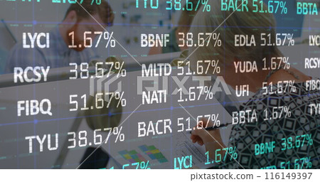 An image of white and blue stock market data rolling and processing over a grid An image of white and blue stock market data rolling and processing over a grid 116149397