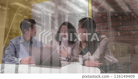 Image of multiple graphs with numbers over diverse coworkers sharing ideas over laptop at office Image of multiple graphs with numbers over diverse coworkers sharing ideas over laptop at office 116149409