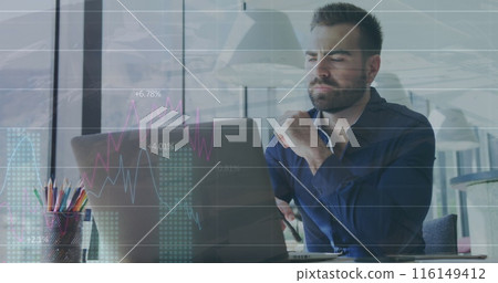 Image of multiple graphs over thoughtful caucasian businessman working over laptop at office 116149412