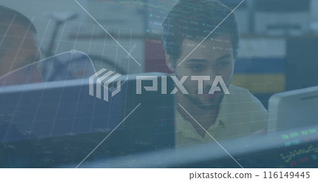 Image of data processing over diverse business people in office Image of data processing over diverse business people in office 116149445