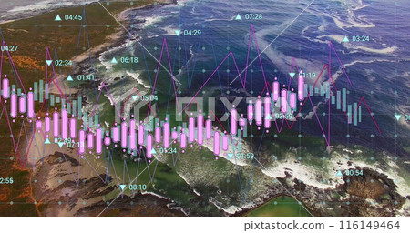 Image of financial data processing over aerial view of sea waves 116149464