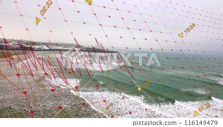 Image of data processing over aerial view of sea waves and the beach 116149479