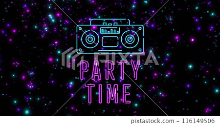 Image of party time text and radio icon over flashing blue and purple lights Image of party time text and radio icon over flashing blue and purple lights 116149506