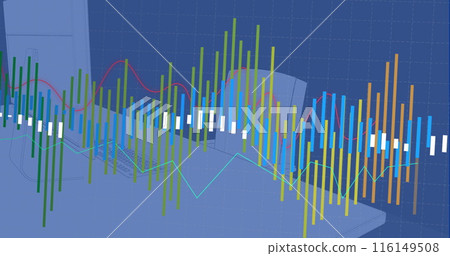 Image of statistical data processing against office desk sketch on blue background Image of statistical data processing against office desk sketch on blue background 116149508