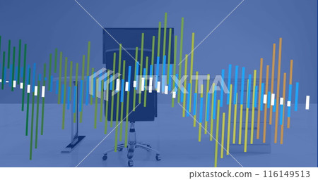 Image of statistical data processing over 3d office desk model against blue background 116149513